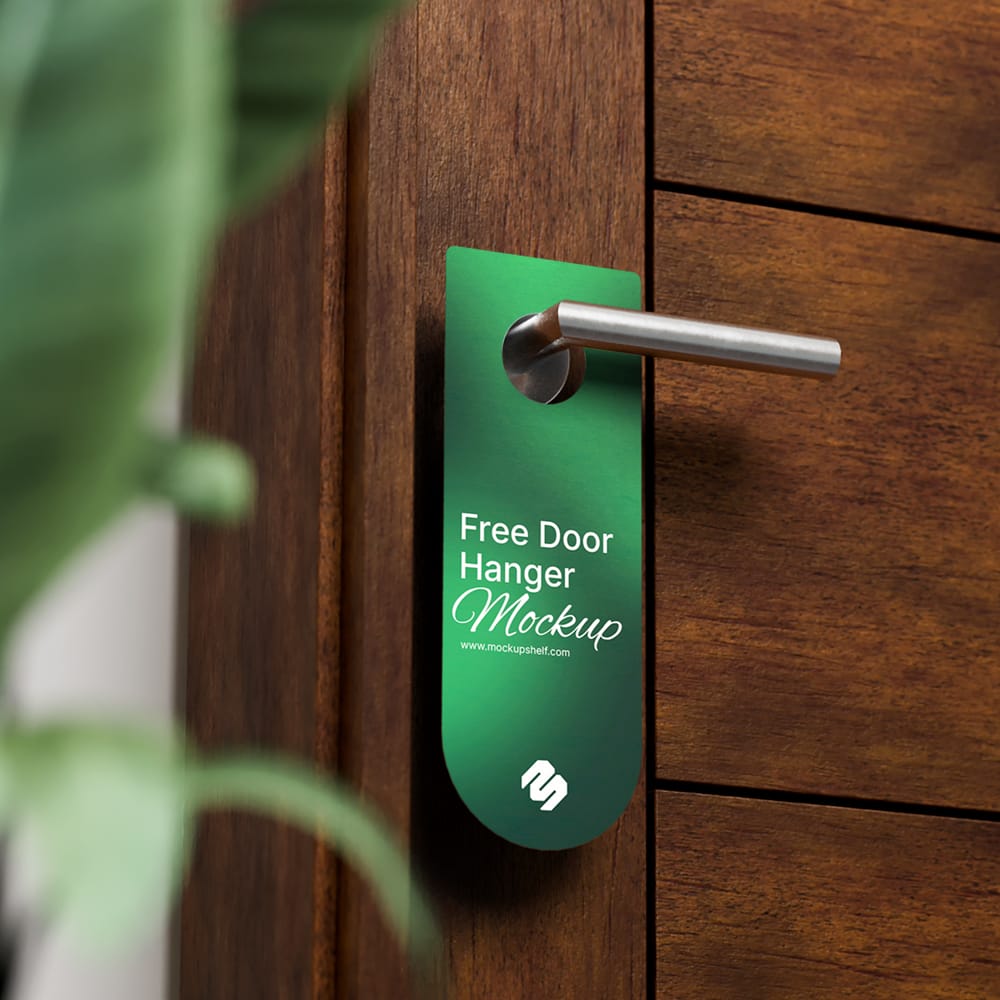 Free Realistic Door Hanger Mockup on Modern Wood Door PSD