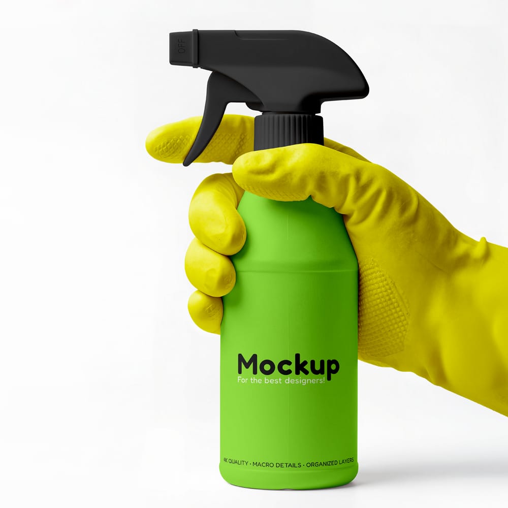 Free Realistic Spray Bottle Mockup with Rubber Glove PSD