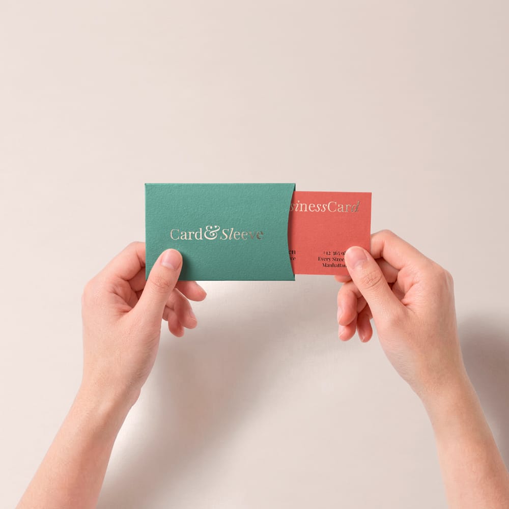 Free Top-Down Business Card an Textured Sliding Sleeve Mockup with Hands PSD