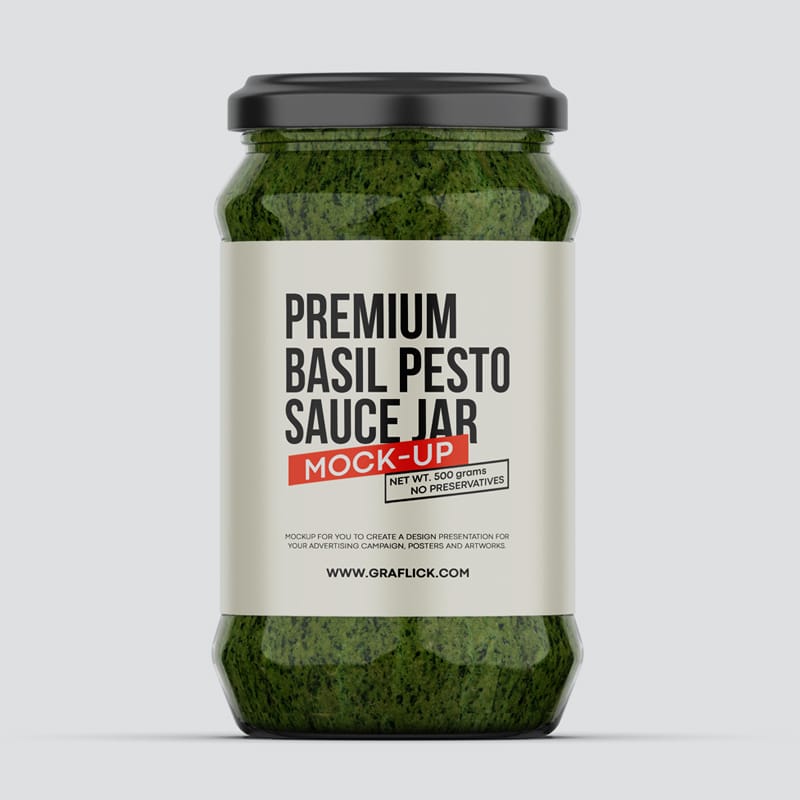 Glass Jar With Basil Pesto Sauce Mockup PSD