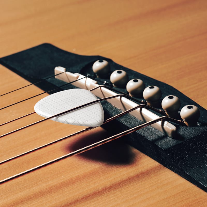 Guitar Pick on Acoustic Bridge Closeup Music Branding Mockup PSD