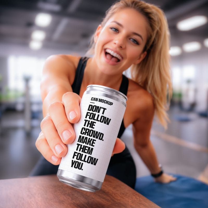 Gym Woman Holding Slim Can Mockup PSD