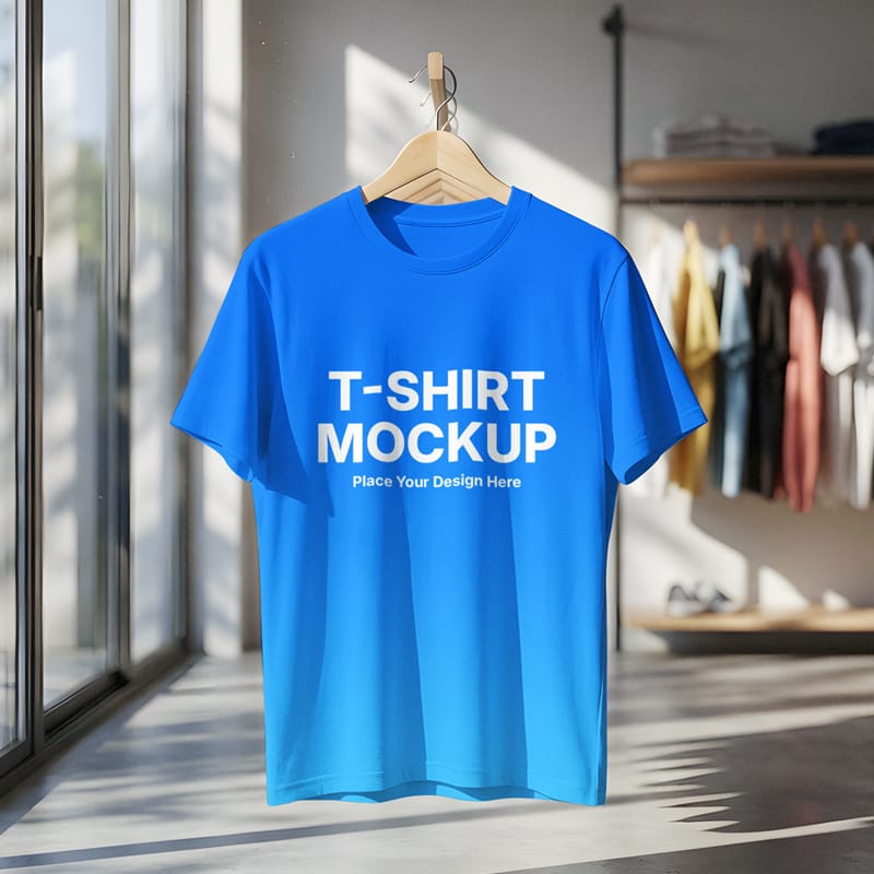 Hanging T-Shirt Mockup in Modern Clothing Store PSD