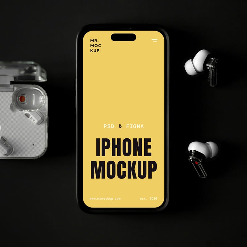 Laying iPhone with Accessories Mockup PSD