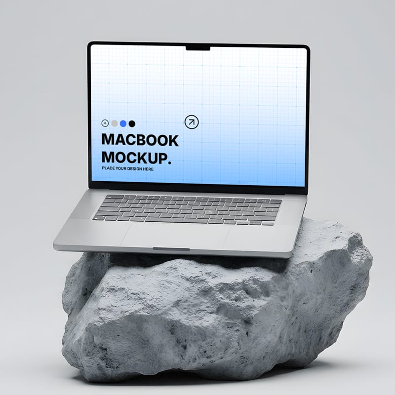 MacBook Mockup on Stone Pedestal PSD