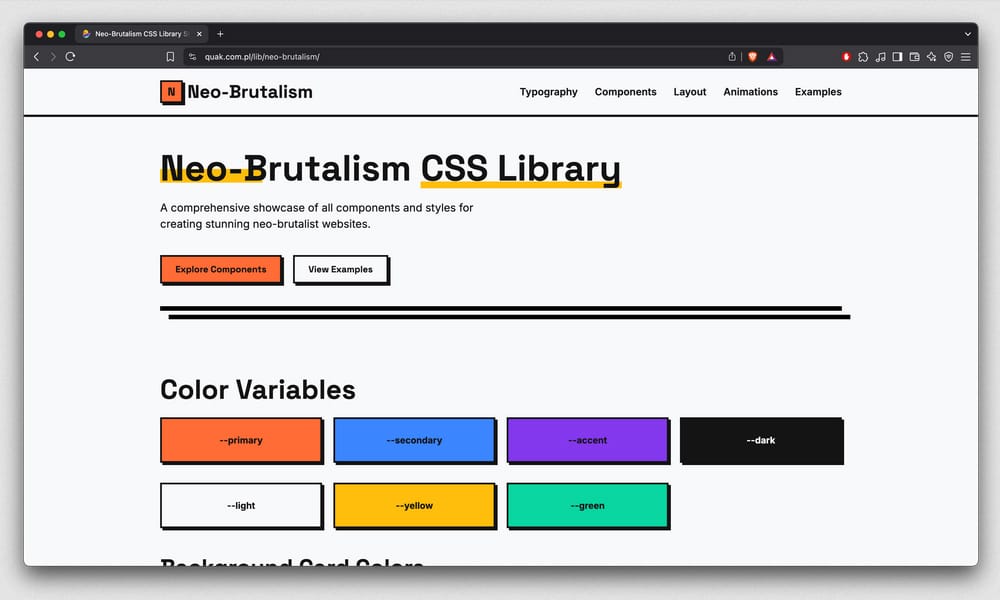 Neo-Brutalism CSS Library showing vanilla CSS components