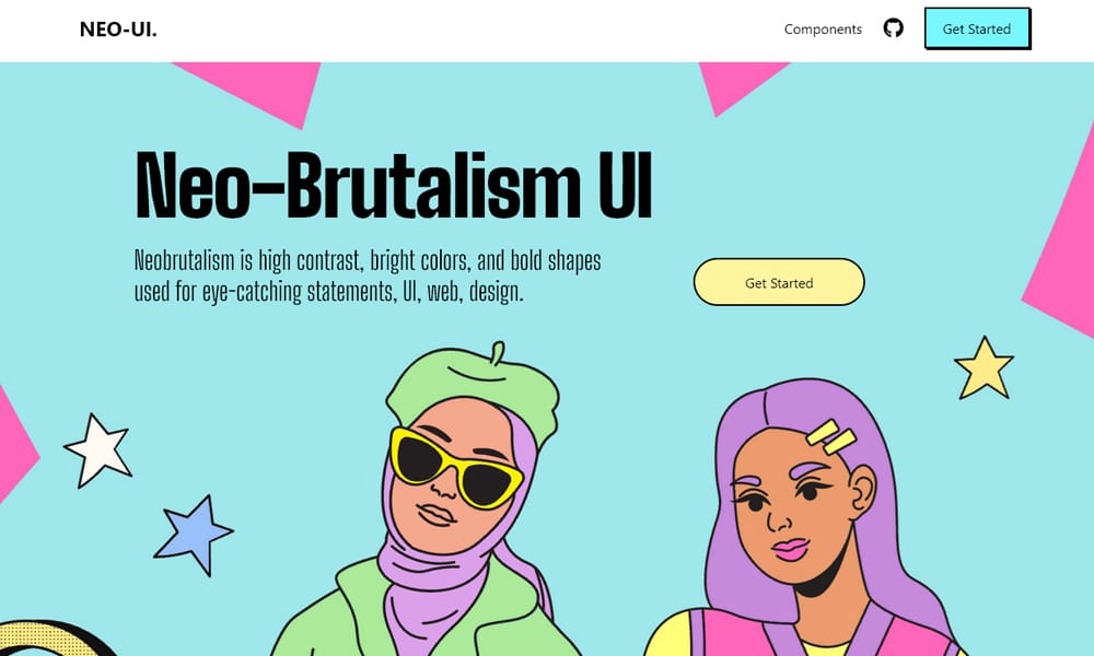 Neo-Brutalism UI Library showing Tailwind component examples