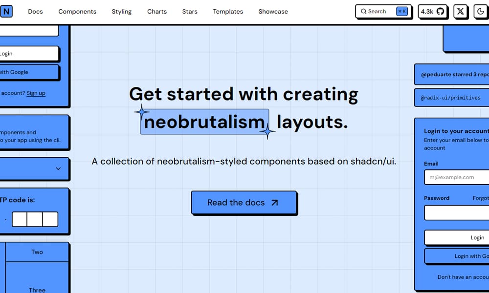 NeoBrutalism Components library homepage showing React component examples