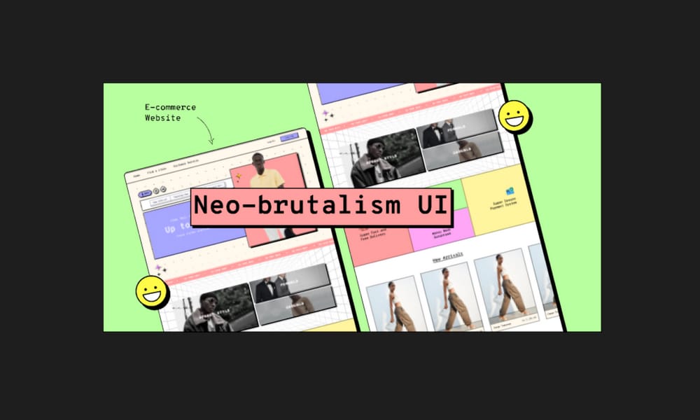 Neobrutalism E-commerce UI Kit showing product listing and checkout screens