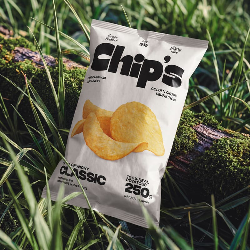 Paper Chips Bag on Mossy Log Mockup PSD