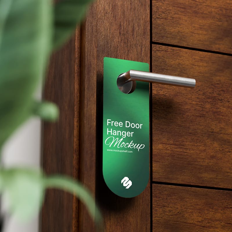 Realistic Door Hanger Mockup on Modern Wood Door PSD