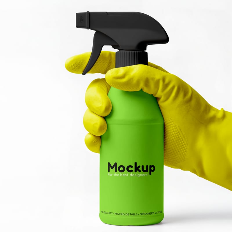 Realistic Spray Bottle Mockup with Rubber Glove PSD