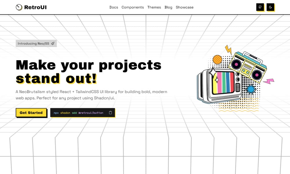 Retro UI library showing retro-styled neobrutalism components