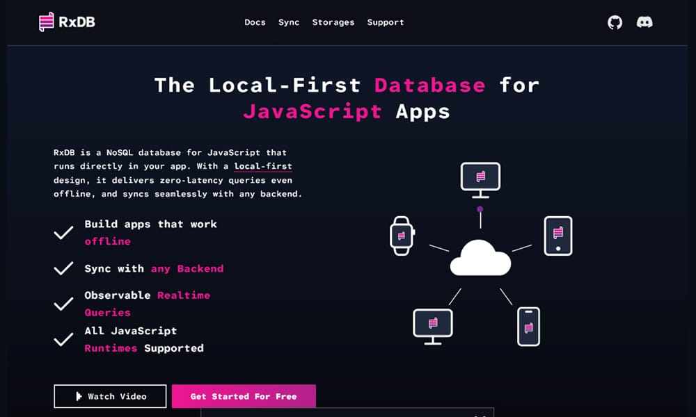 RxDB reactive database showing real-time query subscriptions and sync plugins