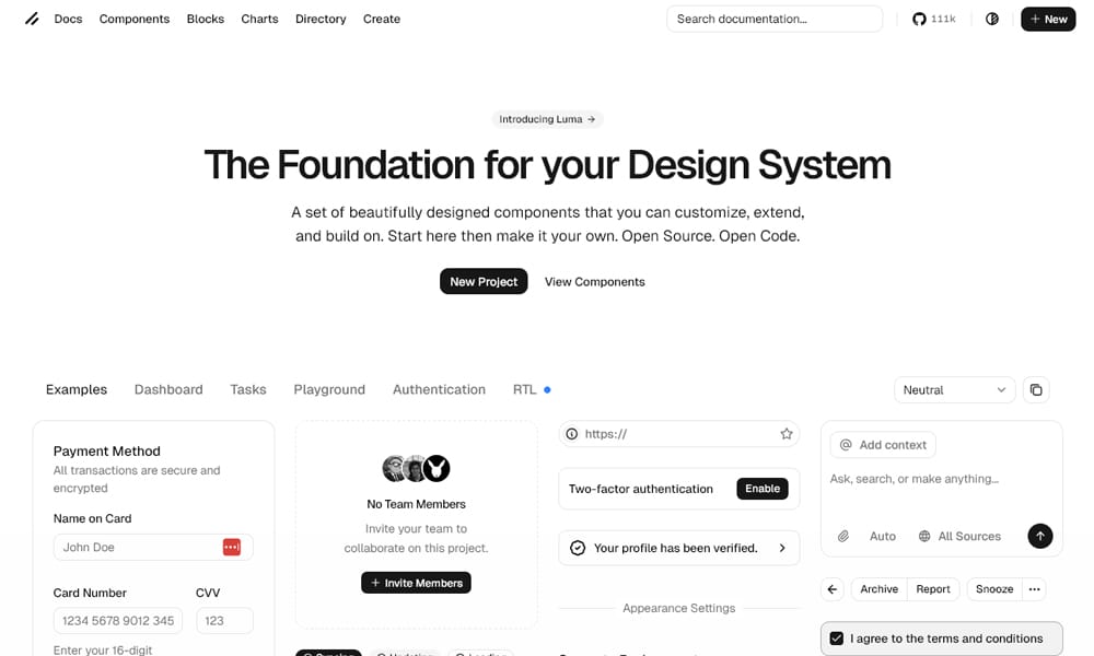 Shadcn/ui component library showing accessible dialog and form components