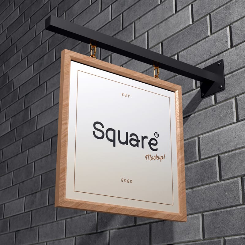 Square Shop Signboard Mockup With Wooden Frame PSD