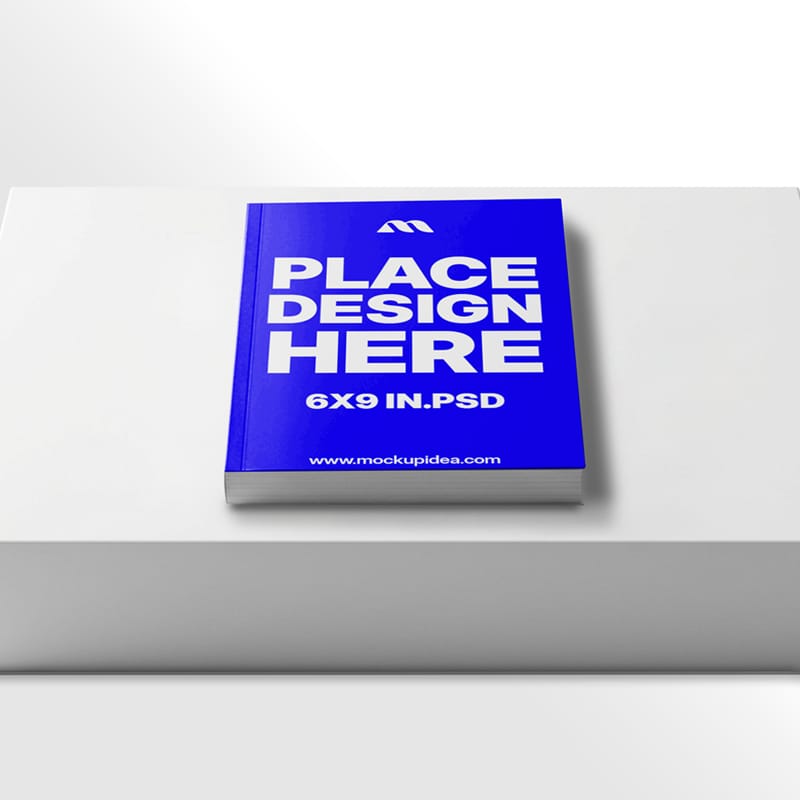 6X9 Book Mockup Flat Lay on White Pedestal PSD