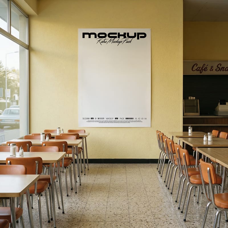 70s Style Restaurant Wall Poster Mockup PSD