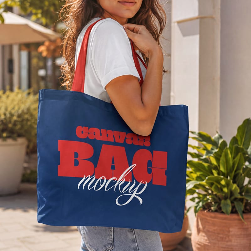 Canvas Bag with Women Mockup PSD