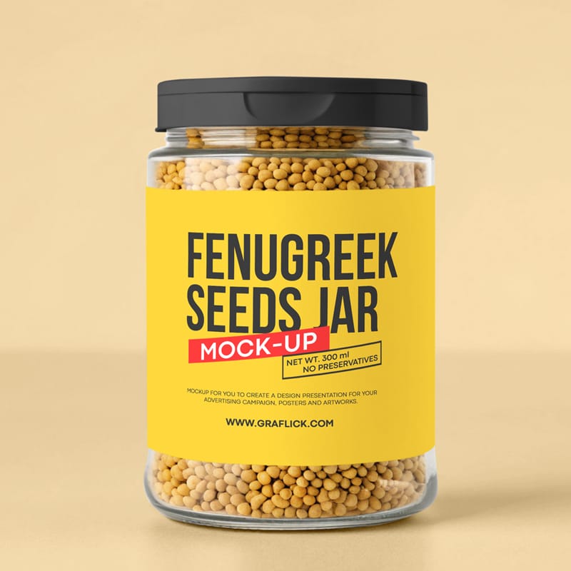 Clear Glass Jar with Organic Fenugreek Seeds Mockup PSD