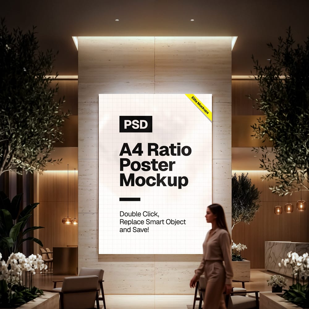 Free A4 Ratio Poster Mockup in Luxury Lobby Interior PSD