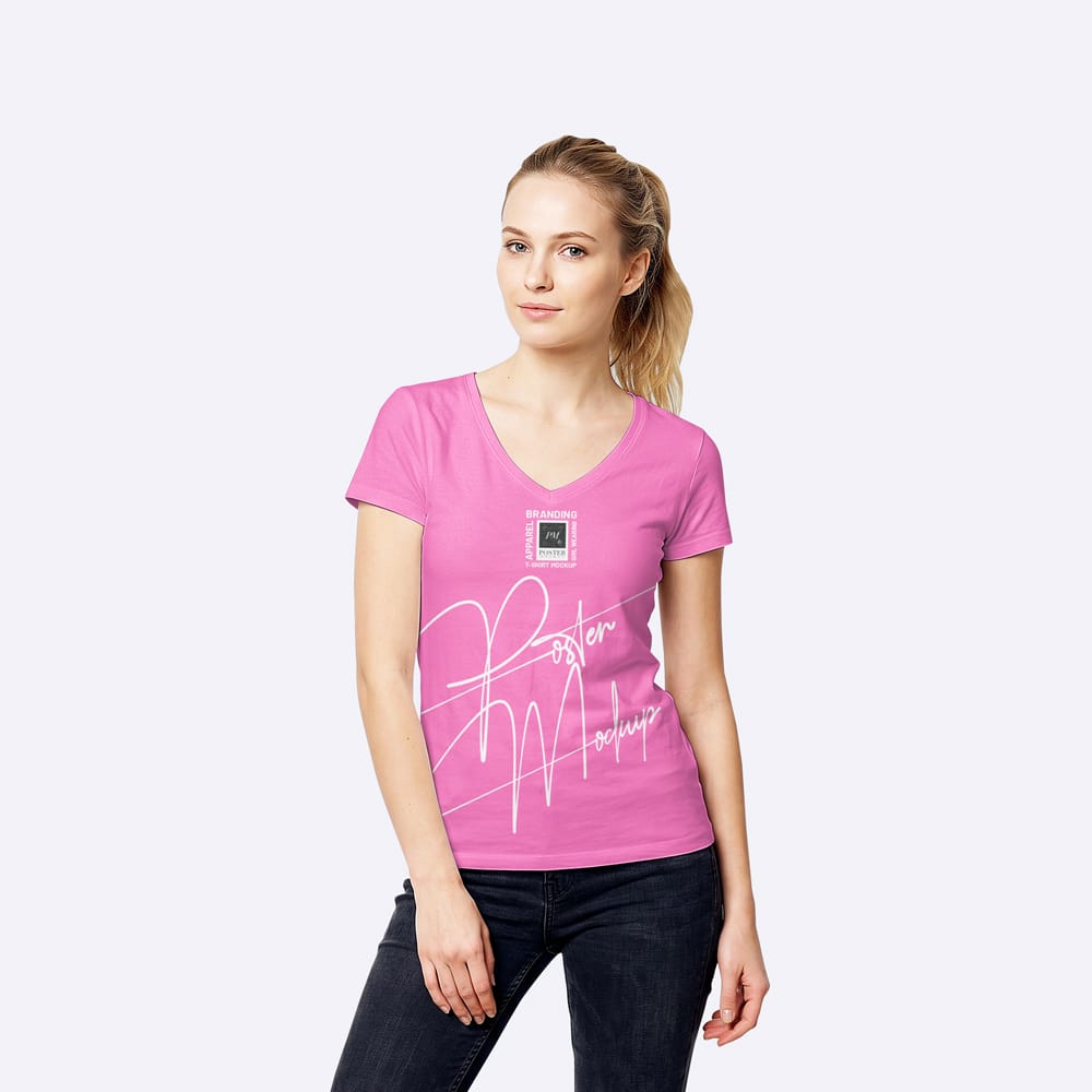 Free Apparel Branding Girl Wearing T-Shirt Mockup PSD
