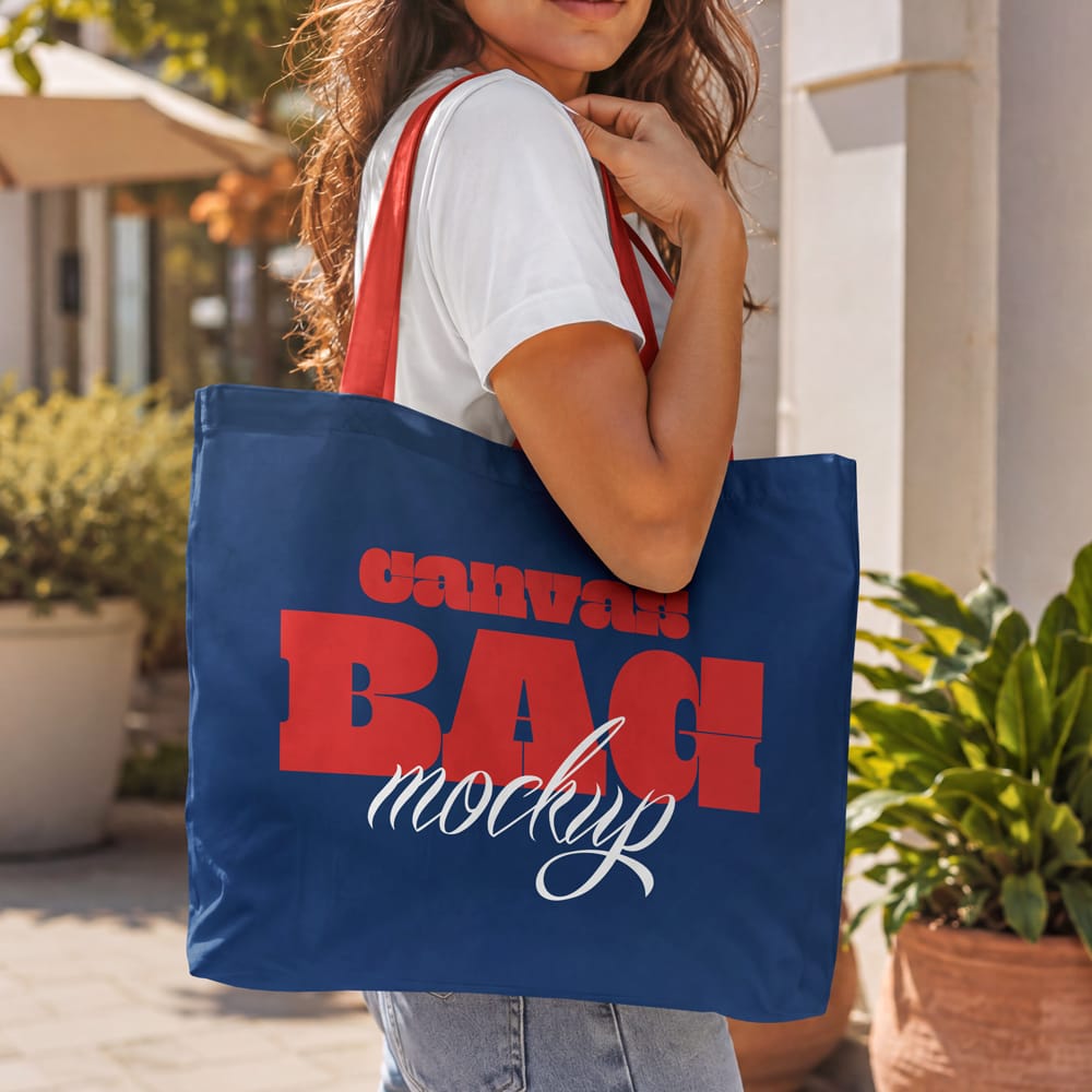 Free Canvas Bag with Women Mockup