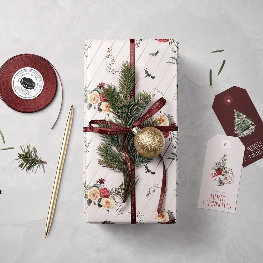 Free Christmas Gift Wrapping Paper Packaging Mockup PSD