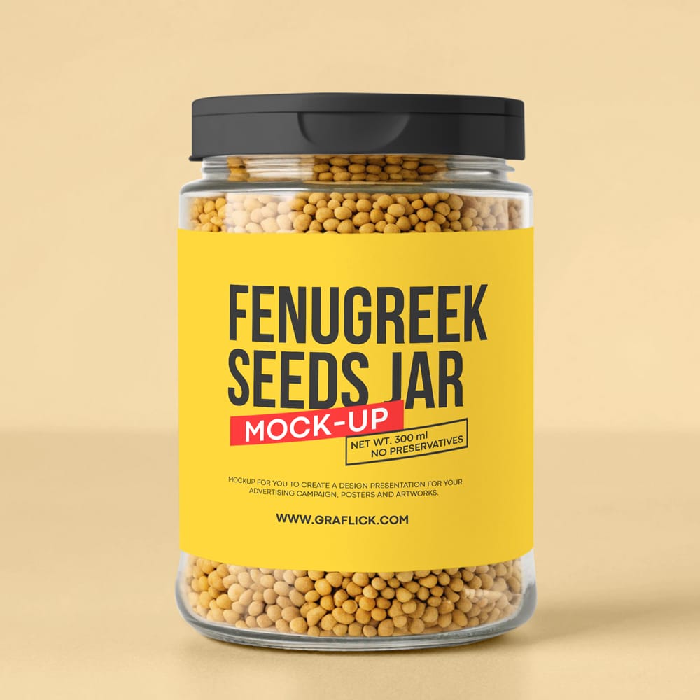 Free Clear Glass Jar with Organic Fenugreek Seeds Mockup PSD