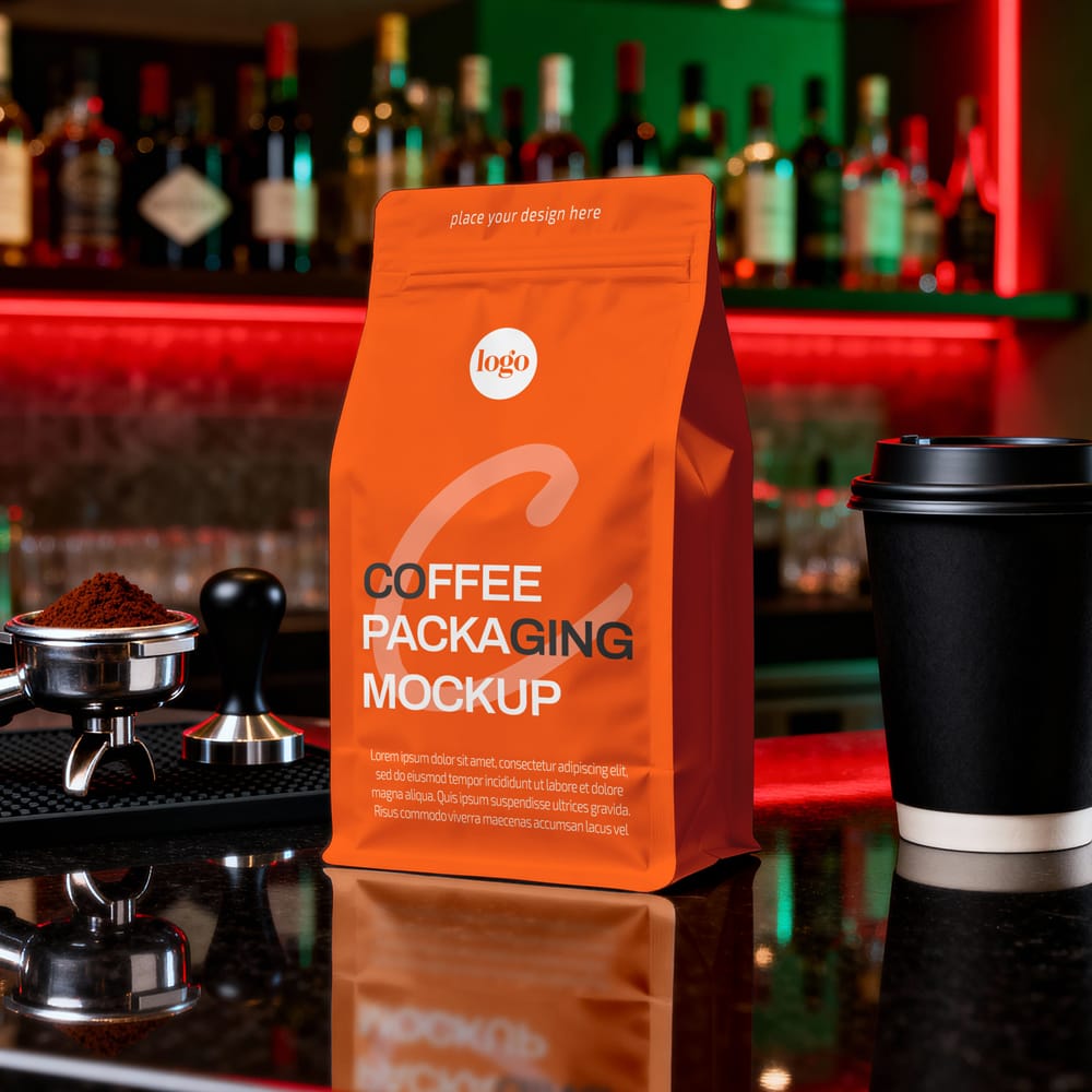 Free Gusseted Coffee Pouch and Takeaway Cup Mockup PSD