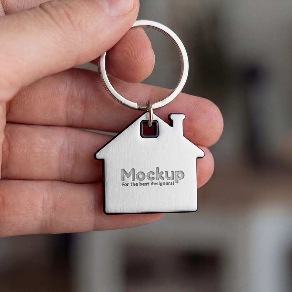 Free House-Shaped Metal Keychain Mockup PSD