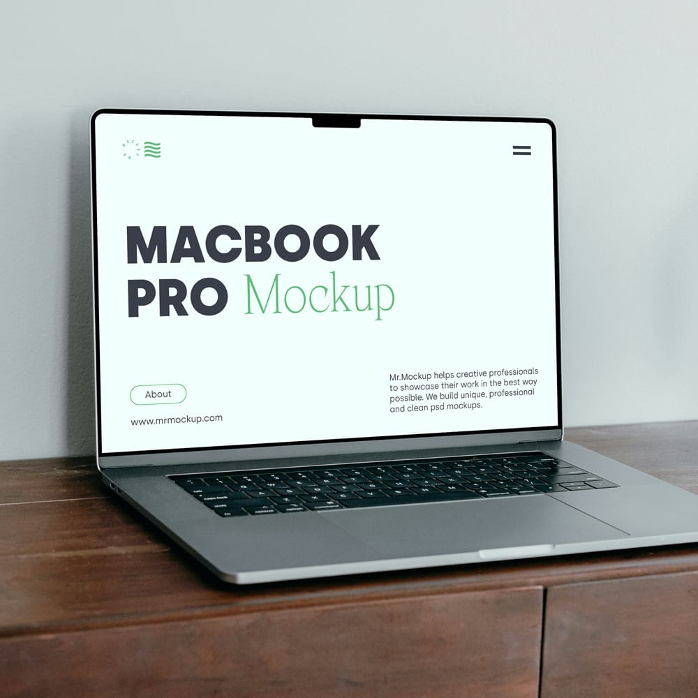 Free MacBook Pro On The Dresser Mockup PSD