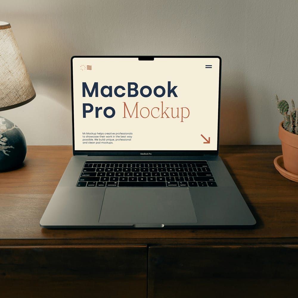 Free MacBook Pro On The Wooden Dresser Mockup PSD