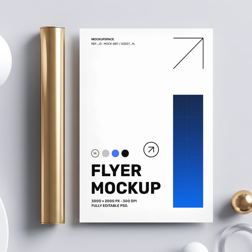 Free Minimalist Flyer Mockup with 3D Elements PSD