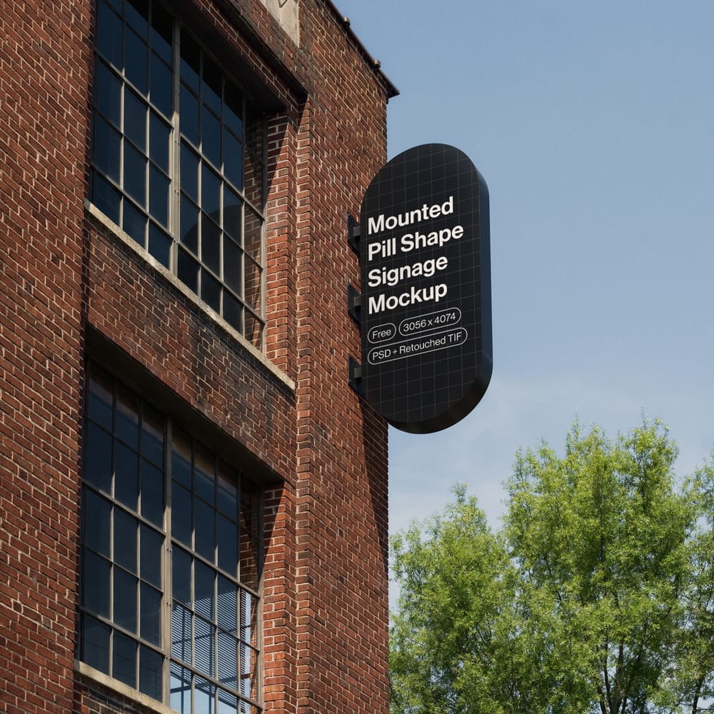 Free Mounted Pill Shape Signage Mockup PSD