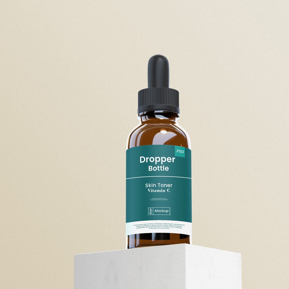 Free Realistic Dropper Bottle Mockup on Stone Pedestal PSD