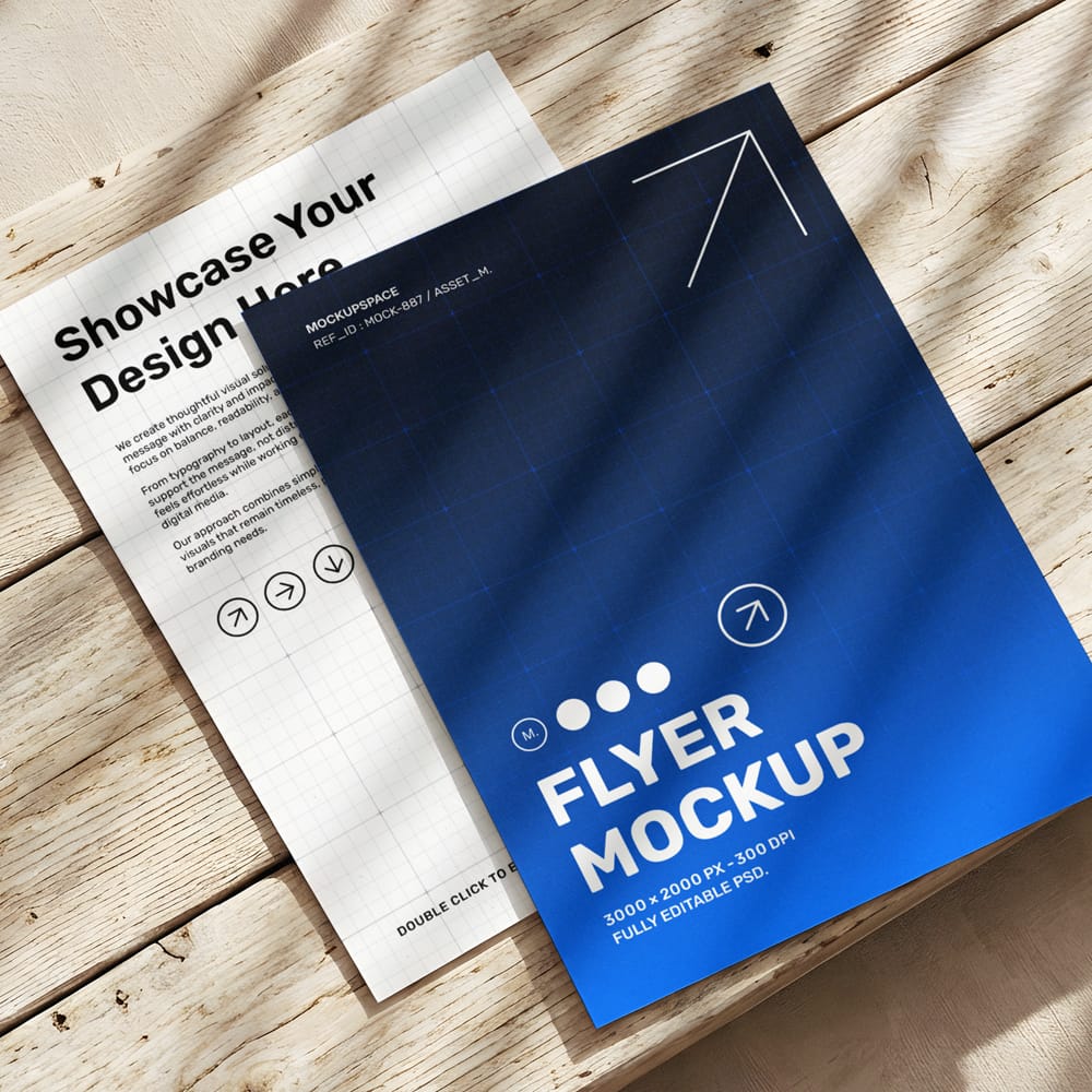 Free Realistic Flyer Mockup on Wooden Surface PSD