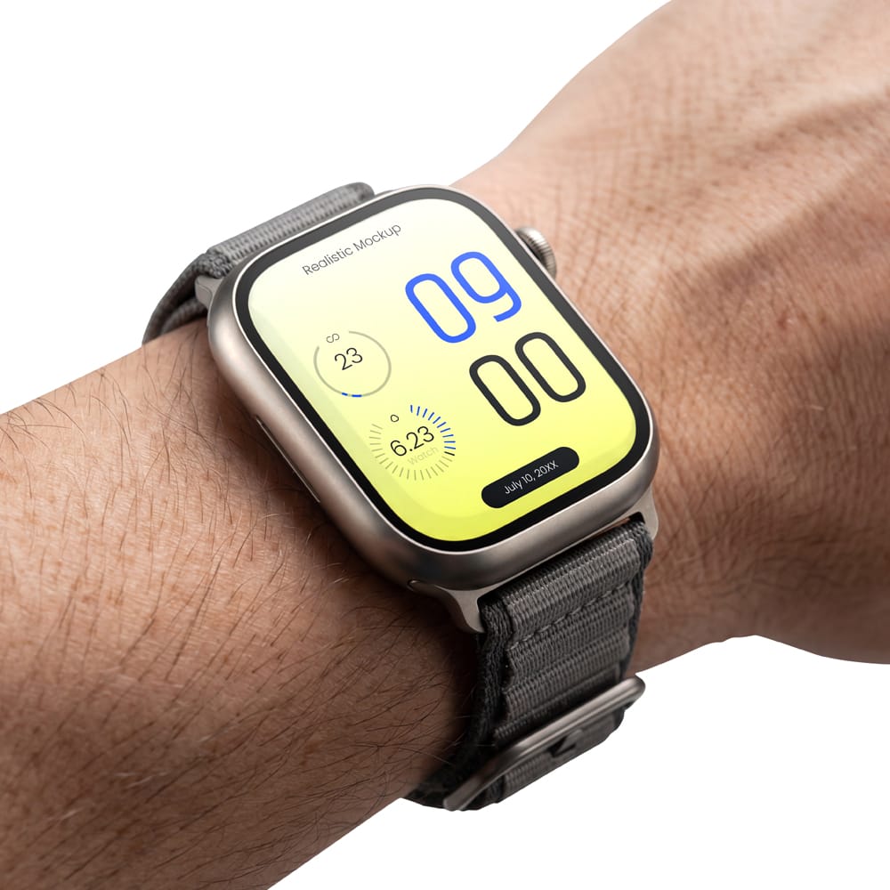 Free Smart Watch Screen Mockup worn on Hand PSD