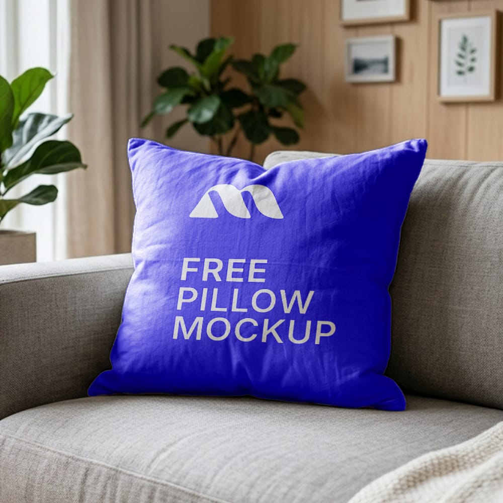 Free Square Pillow Mockup on Sofa PSD