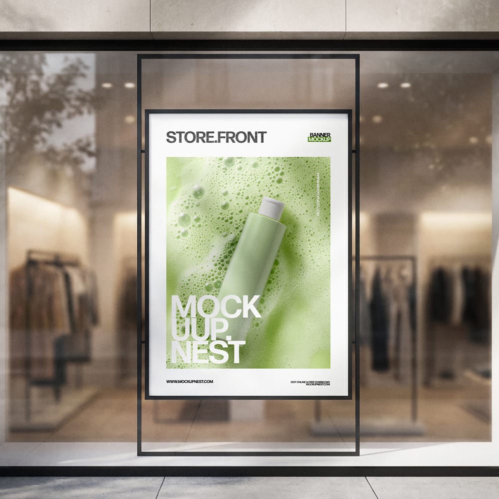 Free Storefront Window Poster Mockup Realistic Retail Display PSD