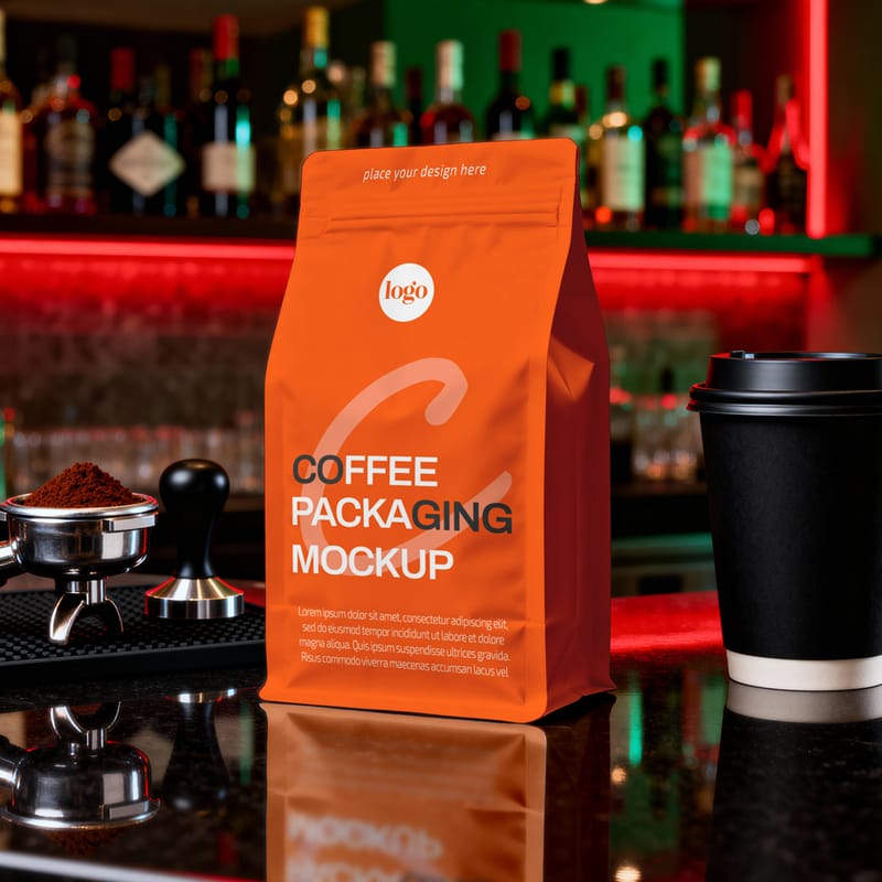 Gusseted Coffee Pouch and Takeaway Cup Mockup PSD