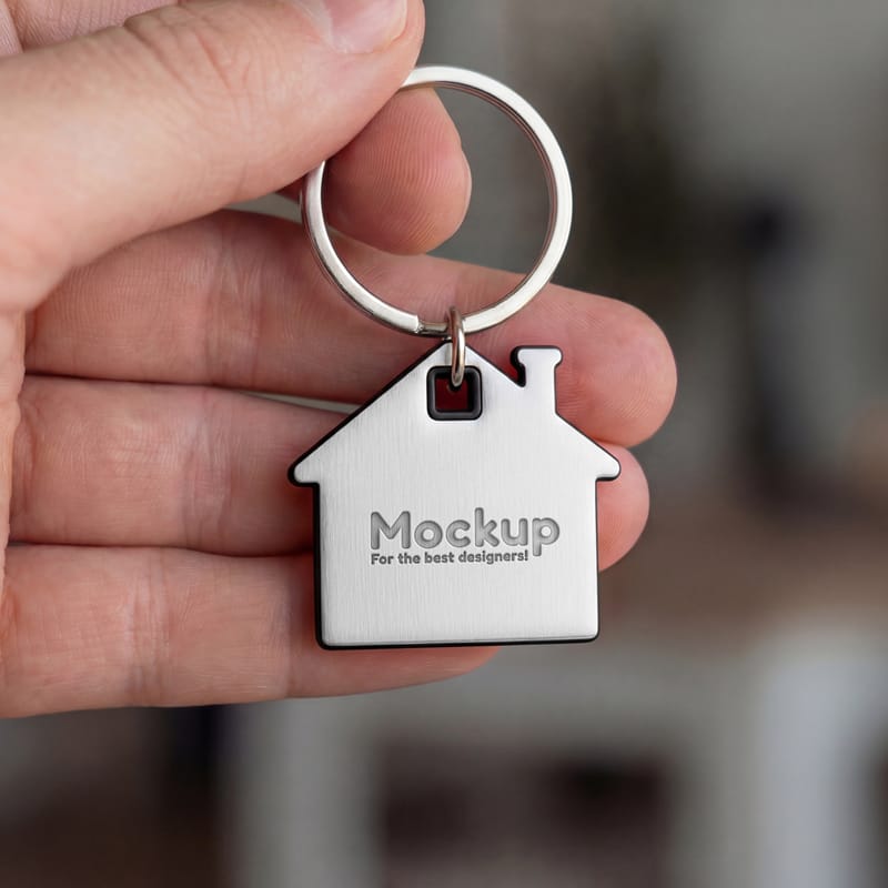 House-Shaped Metal Keychain Mockup PSD