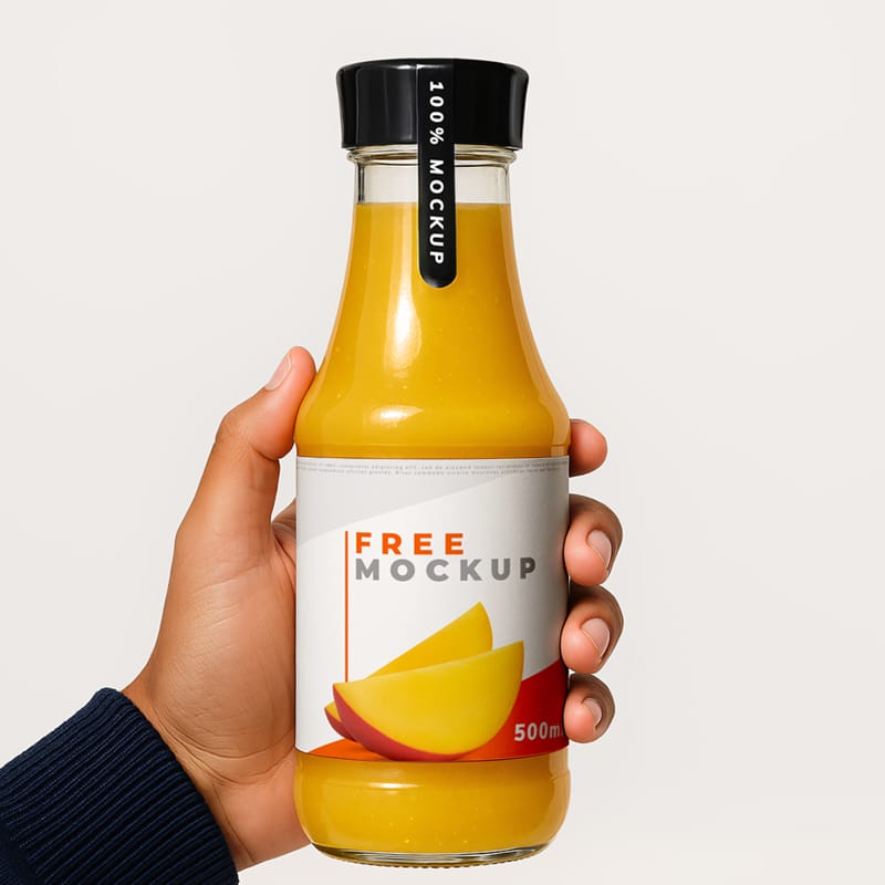 Juice Bottle Mockup In Hand PSD