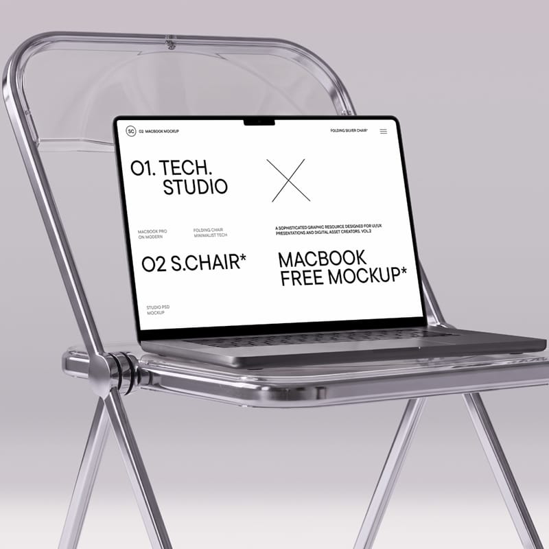 MacBook Pro on Modern Folding Chair Minimalist Tech Studio Mockup PSD