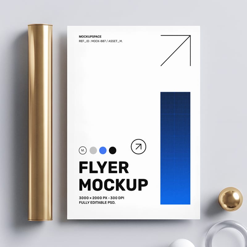 Minimalist Flyer Mockup with 3D Elements PSD
