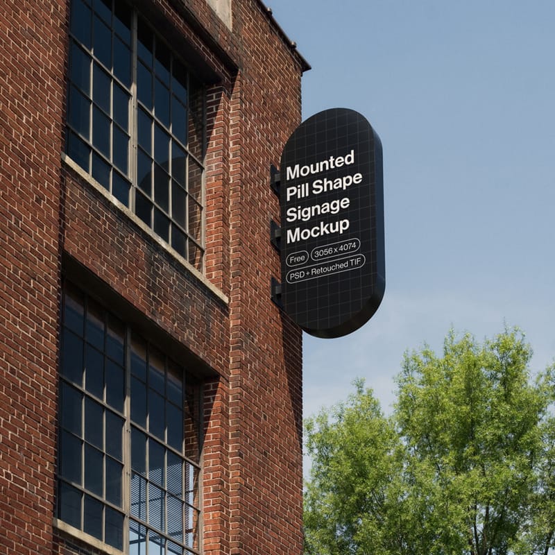 Mounted Pill Shape Signage Mockup PSD