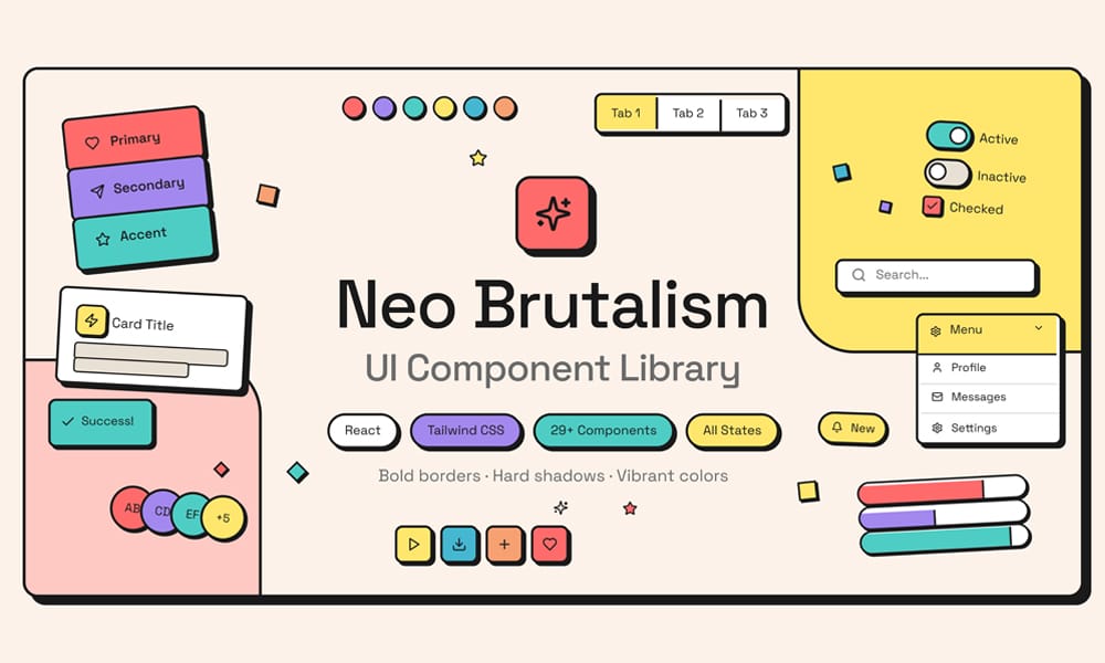 Neo Brutalism UI Library showing component variants in Figma