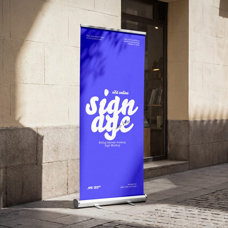 Outdoor Roll-Up Banner Mockup with Leaf Shadow PSD