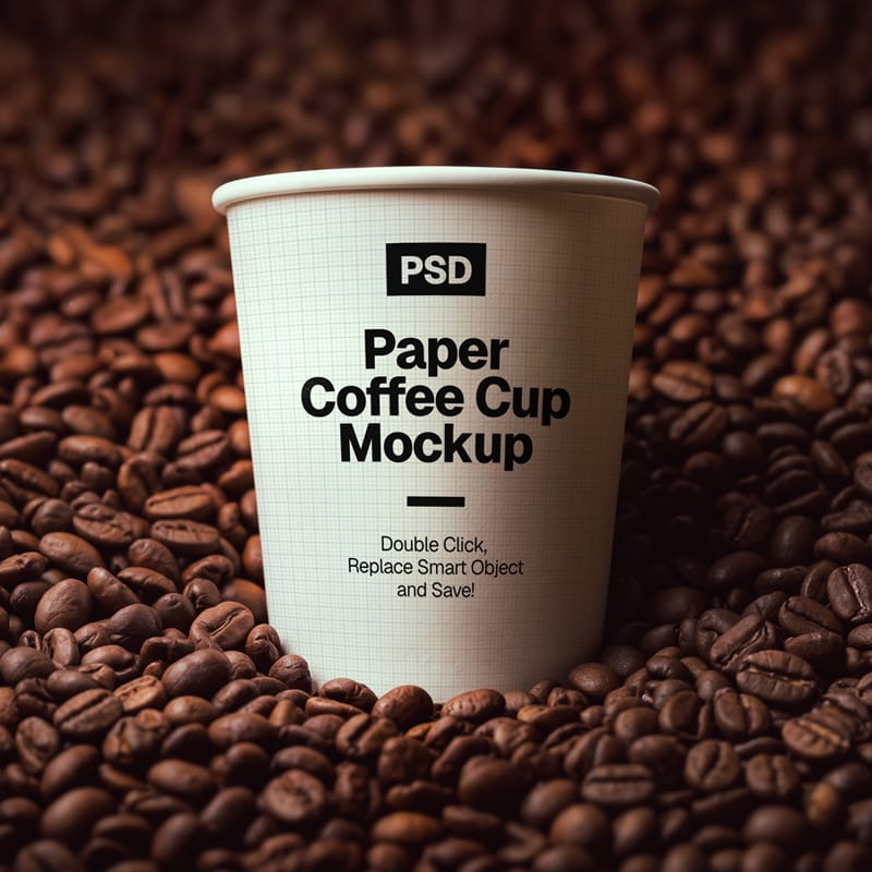 Paper Coffee Cup Mockup on Roasted Coffee Beans PSD