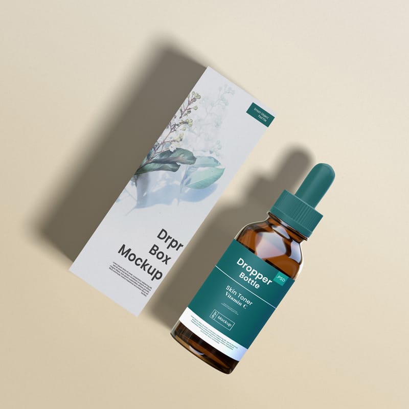 Realistic Dropper Bottle Mockup on Stone Pedestal PSD